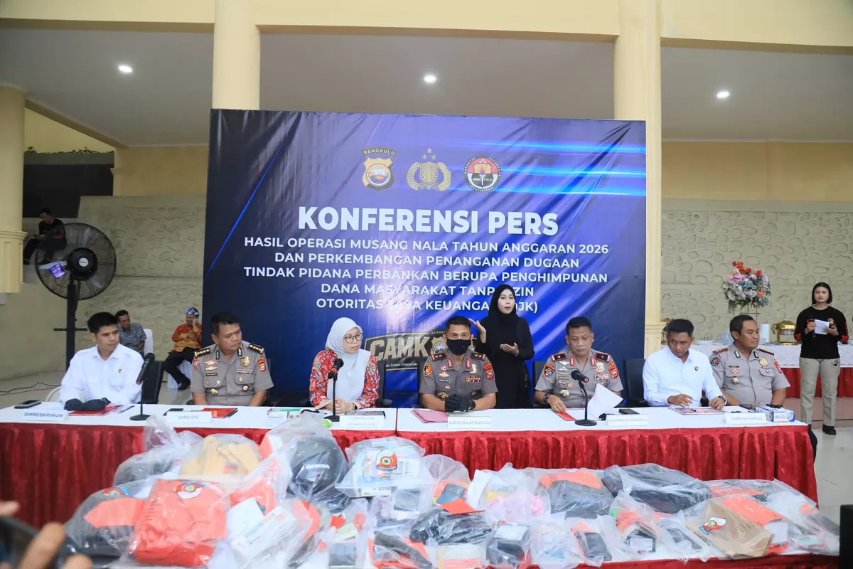 Kapolda Bengkulu gelar keterangan pers terkait hasil operasi Musang Nala 2026 di Mapolda setempat.( Foto/Ist(