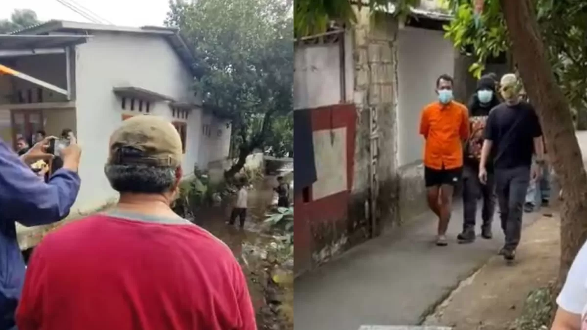Pelaku mutilasi dihadirkan di Kali Licin, Kota Depok saat Polisi melakukan pencarian pada potongan tubuh korban. (Threads/tiaza1010)