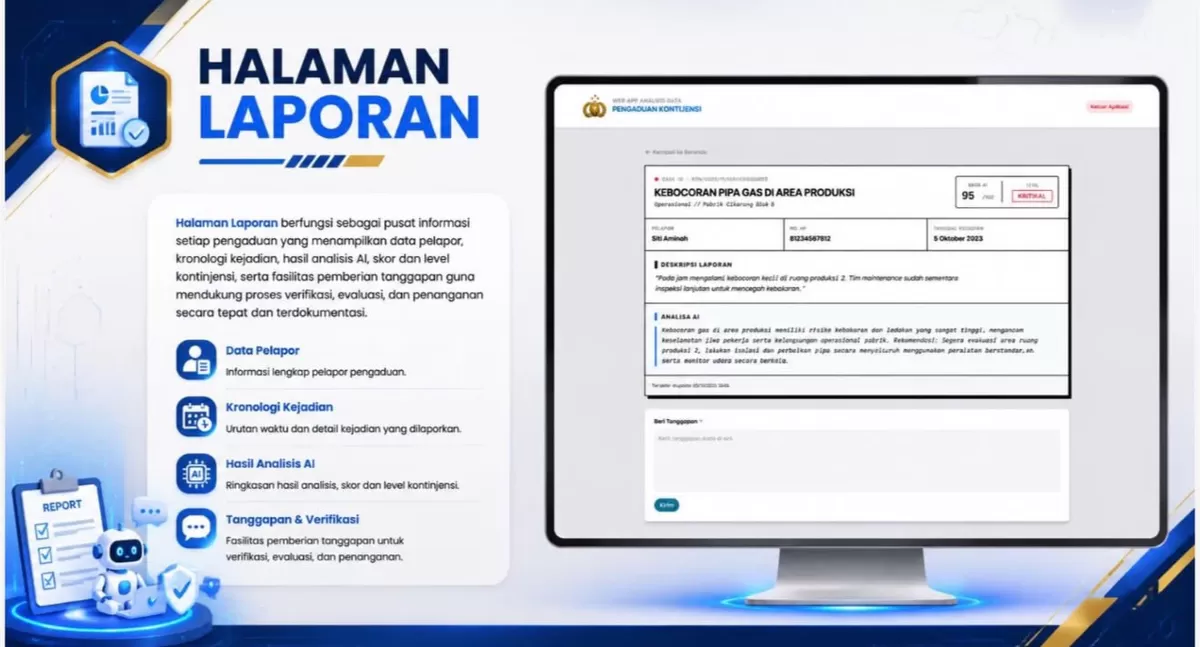 Personel Polri Kembangkan Aplikasi Pengelolaan Kontinjensi Pengaduan Masyarakat Berbasis Realtime dan Quick Response.(Foto/Ist)