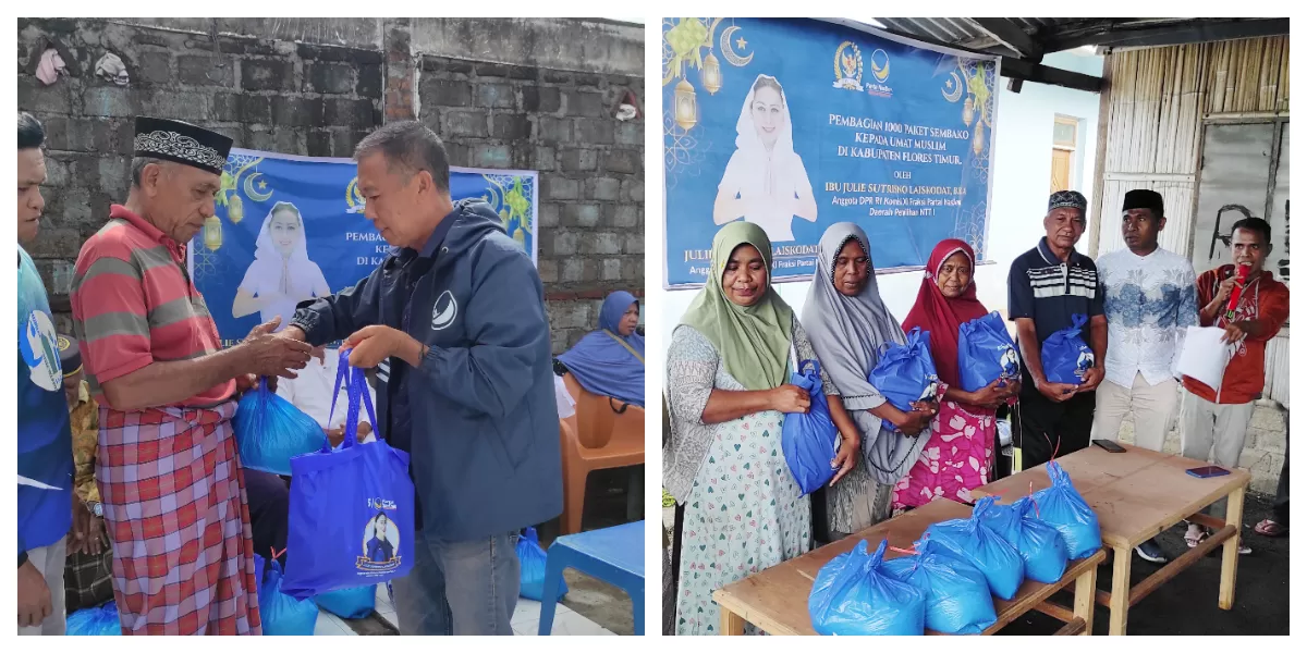 Relawan menyalurkan paket sembako Ramadhan dari Anggota DPR RI Julie Sutrisno Laiskodat kepada warga Muslim di Kelurahan Ekasapta, dan Adonara Timur, Kabupaten Flores Timur. (Foto/ tim)