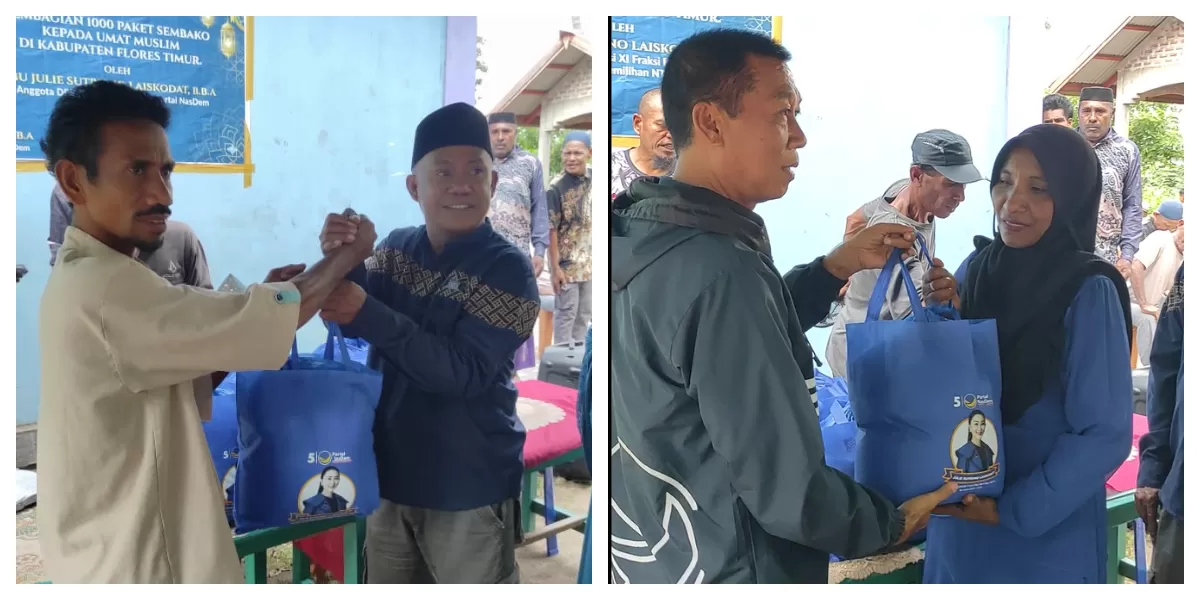 Anggota DPRD Flores Timur, Husain Maser (Kiri) dan Tenaga Ahli JSL, Hendrikus Riberu (Kanan), menyalurkan 250 paket sembako bagi umat Muslim di Pulau Solor, Flores Timur, selama Ramadhan. (Foto/Tim)