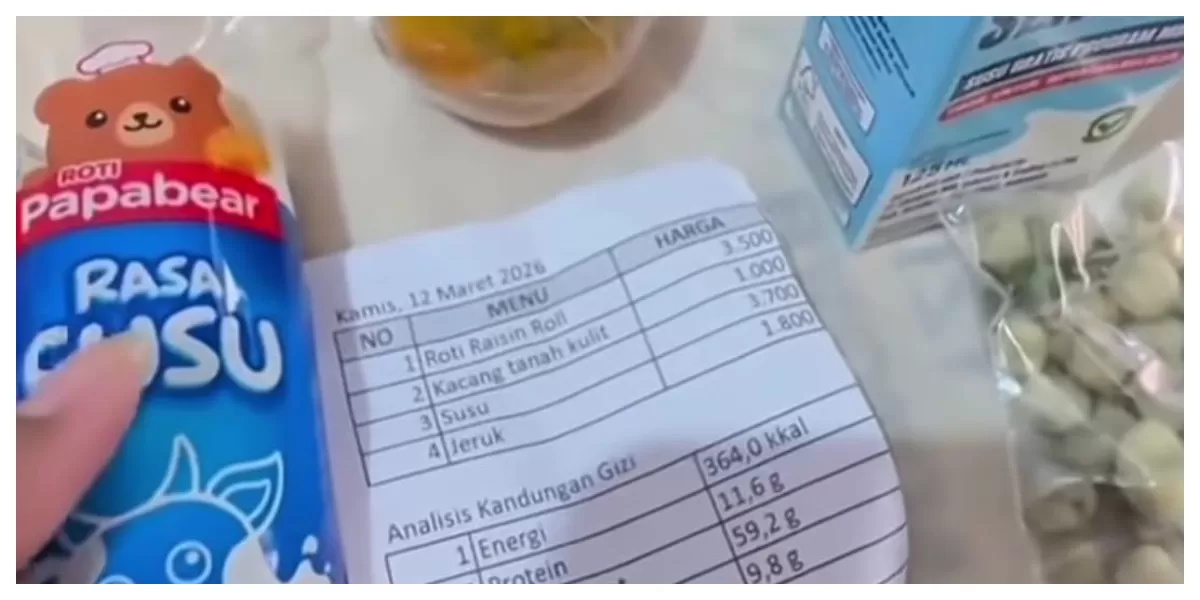 Paket menu kering program Makan Bergizi Gratis di Cianjur berisi roti, susu, kacang tanah, dan jeruk dengan label harga tercantum pada kemasan. (Foto Instagram/volkinfo)