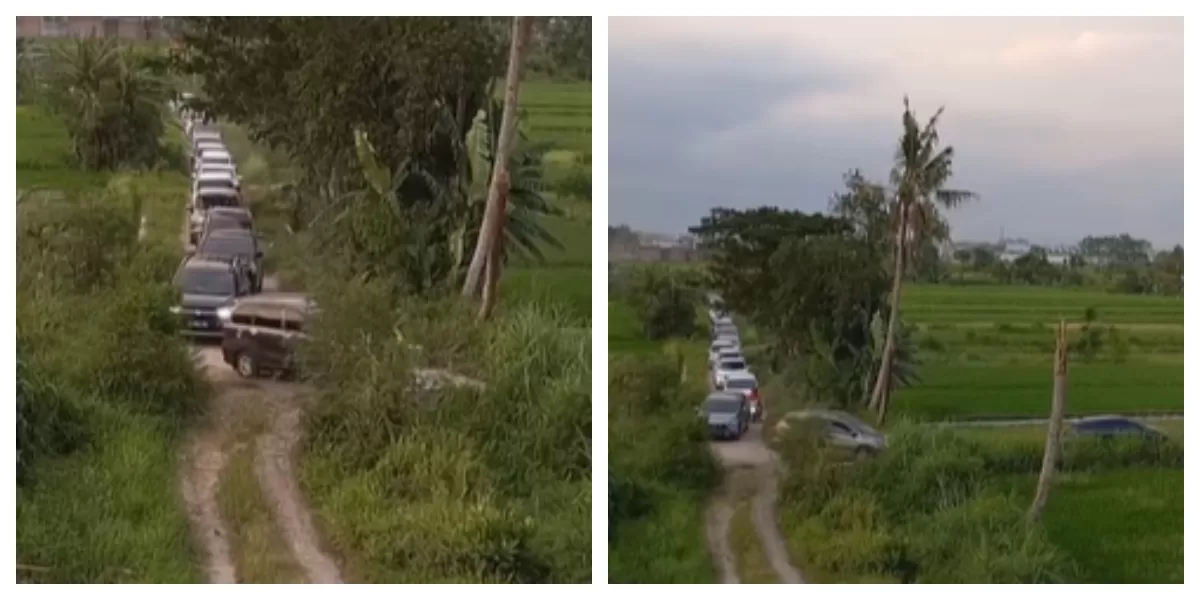 Sejumlah mobil pemudik terjebak di jalan setapak kawasan persawahan Dusun Karang Kalasan, Sleman, setelah mengikuti navigasi digital menuju Gerbang Tol Purwomartani.
