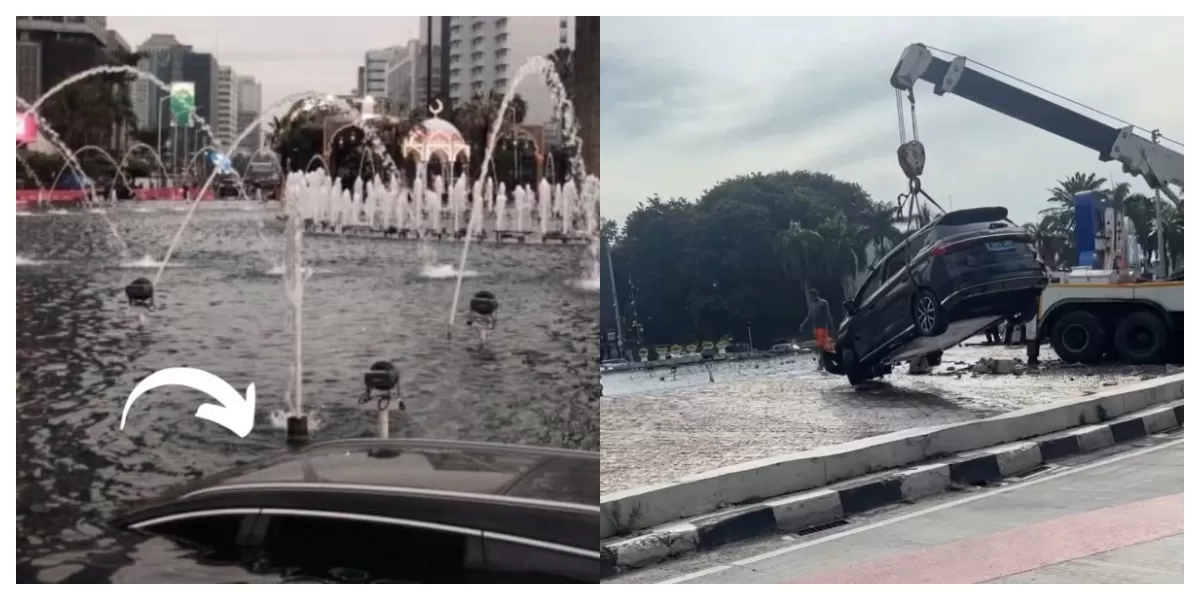 Mengintip insiden kecelakaan tunggal mobil BYD yang terjadi di kawasan Bundaran HI, Jakarta Pusat, pada Rabu, 25 Maret 2026. (Instagram.com/@jktproud)