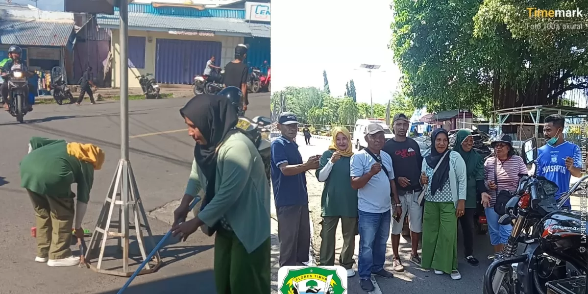 Petugas Dinas Lingkungan Hidup Flores Timur membersihkan sampah di jalur prosesi Semana Santa Larantuka, memastikan kebersihan kota tetap terjaga bagi peziarah datang. (Foto Dok.)
