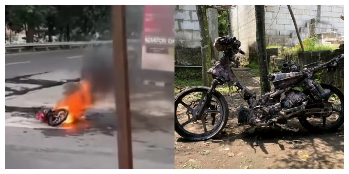 Sepeda motor terbakar di depan SPBU Jalan Sriwijaya, Semarang, memicu kepanikan warga dan sorotan publik terkait respons keselamatan serta penggunaan APAR petugas. ((TikTok/relisviano.chiko))