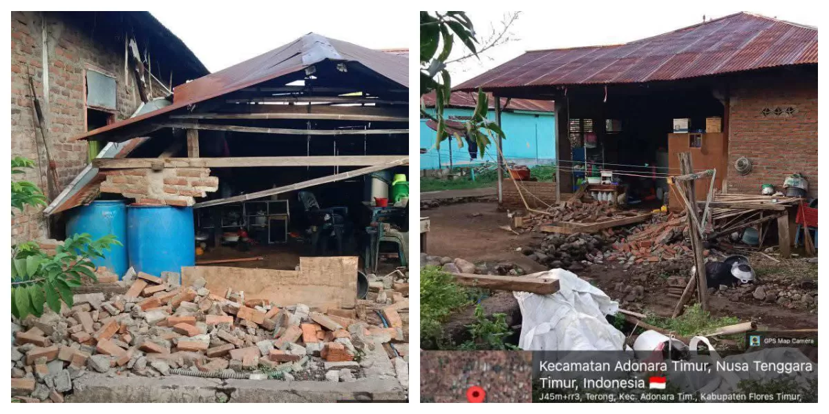 Kondisi rumah warga rusak akibat gempa di Adonara Timur, Flores Timur, memperlihatkan dinding roboh dan atap ambruk, sementara warga bertahan di pengungsian darurat. (Foto: ist)