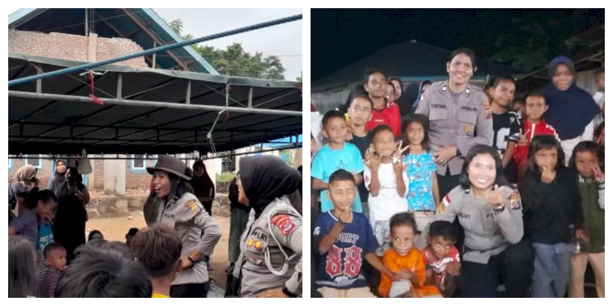 Polwan Polres Flores Timur memberikan trauma healing kepada anak-anak korban gempa di Adonara, membantu pemulihan psikologis serta menciptakan rasa aman di pengungsian.  (Foto TBN Polda NTT)