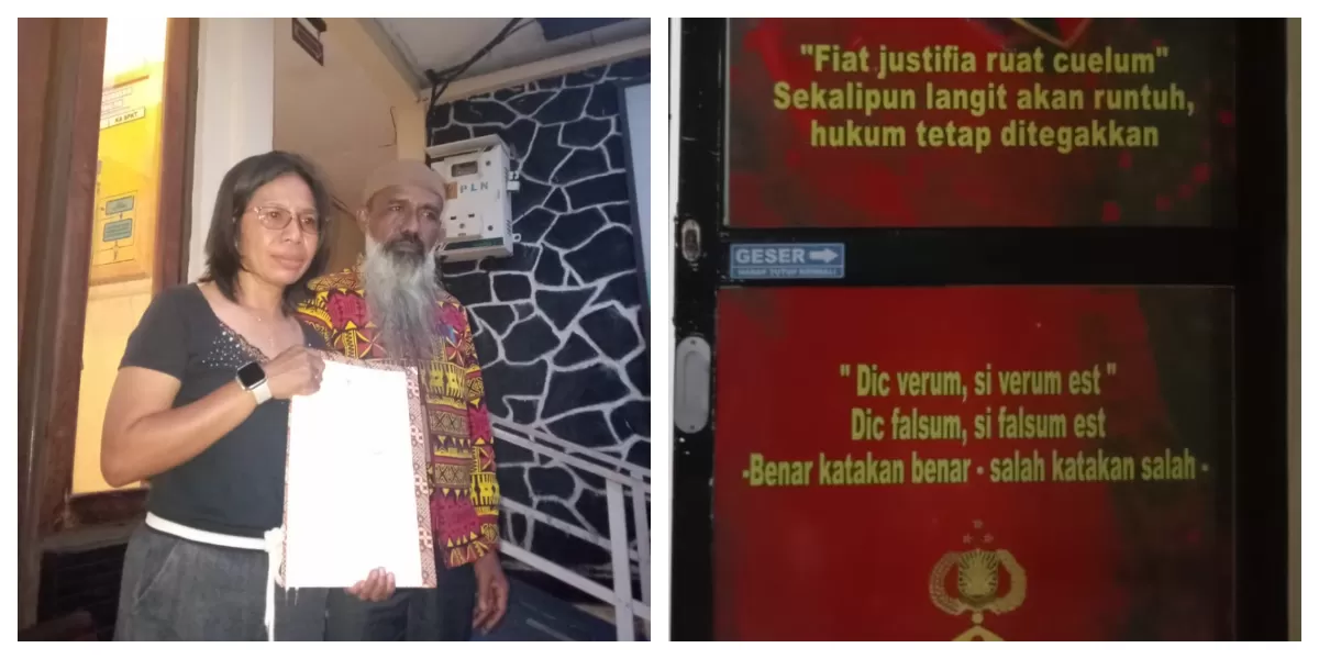 Advokat Matheus Mamung Sare mendampingi Halima Kadir saat membuat laporan polisi di Polres Flores Timur, terkait dugaan rekayasa penanganan perkara narkotika anaknya. (Foto Bernad Nara/ RNTT)