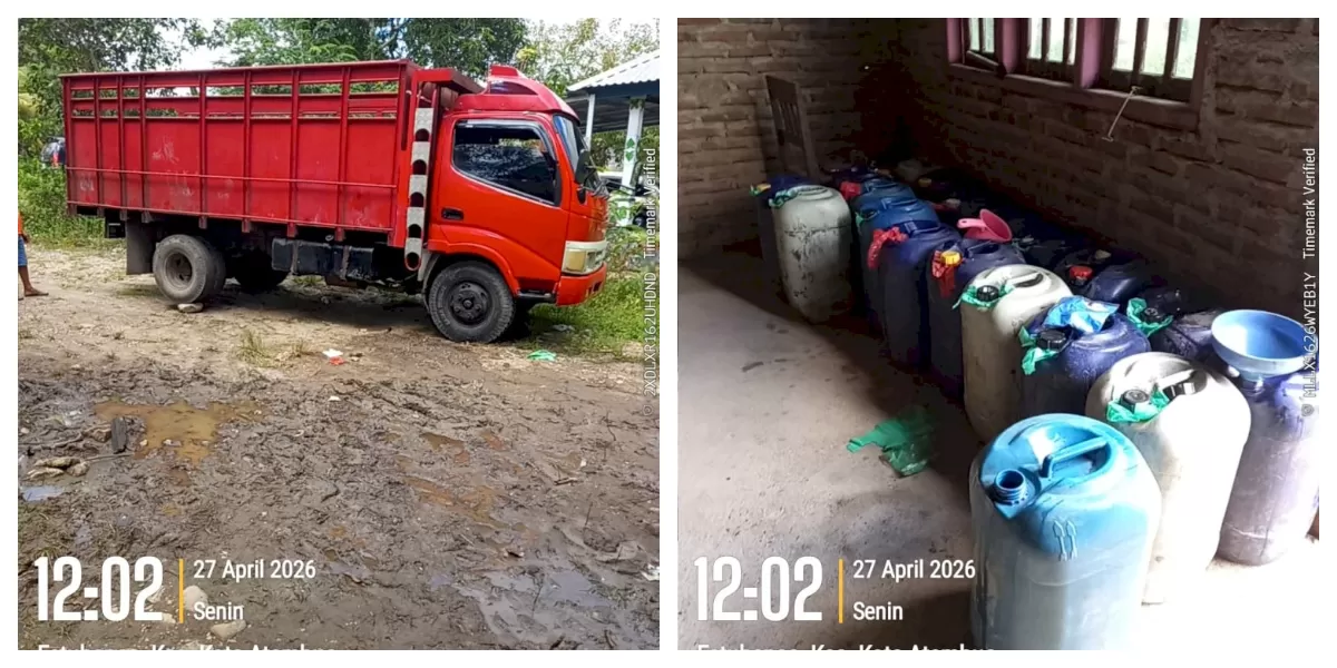 Mobil dump truck merah dan sejumlah jerigen berisi solar subsidi diamankan aparat kepolisian dalam pengungkapan kasus di Atambua, Belu. (Foto TBN Polda NTT)