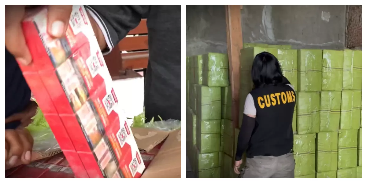 Petugas Bea Cukai melakukan penggeledahan dan mengamankan barang bukti rokok ilegal dalam operasi penindakan dugaan penyelundupan di wilayah perbatasan Belu. (Foto YT @ Bea Cukai Atambua)