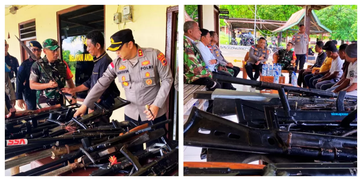 Kapolres Flores Timur menerima penyerahan puluhan senjata api rakitan dan amunisi dari warga Dusun Bele di Mapolsek Adonara Timur.  (Foto/ TBN Polres Flotim)