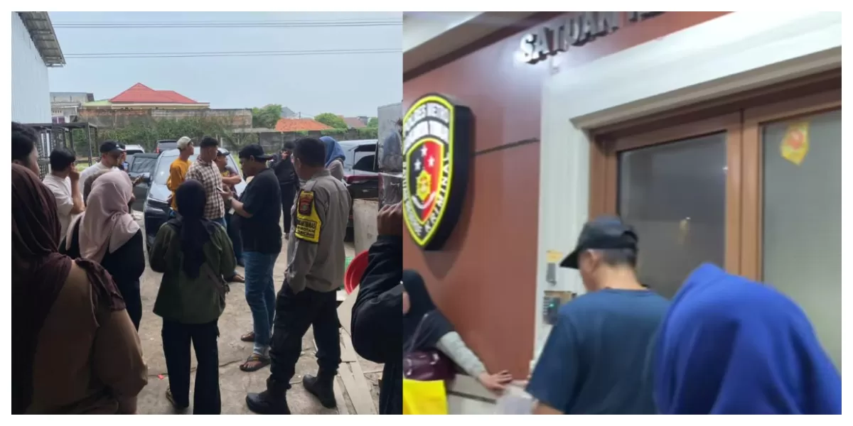 Puluhan calon pengantin bersama polisi memadati area gudang WO Marwah di Bekasi, memeriksa perlengkapan pernikahan dan kondisi lokasi kosong.