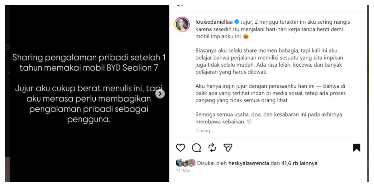 Unggahan Louise Daniella di Instagram yang menceritakan pengalaman pribadinya sebagai pengguna BYD Sealion 7. Foto: Instagram/@louisedaniellaa