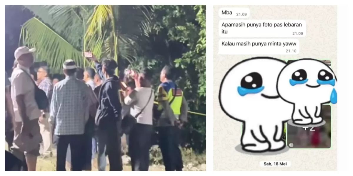 Warga dan petugas kepolisian berada di sekitar lokasi pembunuhan siswi SD di Desa Dawung, Sragen. Kolase juga menampilkan pesan terakhir korban kepada kerabat sebelum ditemukan tewas. (Foto/ Threads/dinanovianiii)