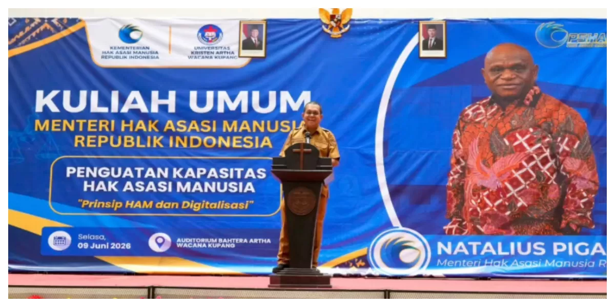 Gubernur NTT Emanuel Melkiades Laka Lena memberikan sambutan saat kuliah umum Menteri HAM Natalius Pigai di Auditorium Bahtera Artha Wacana Kupang.