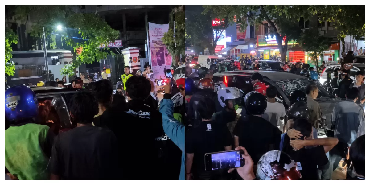 Kerumunan warga memadati lokasi kejadian saat seorang sopir diamuk massa menyusul insiden yang terjadi di kawasan tersebut. (Foto Instagram.com/@infobandungkota)