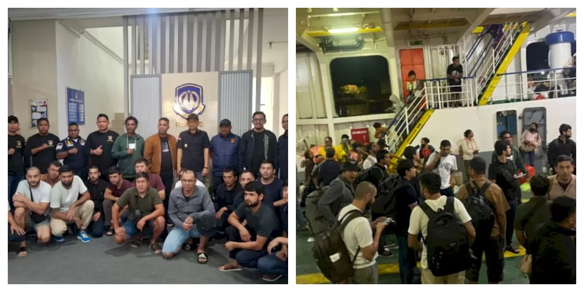 Petugas Polres Alor mengawal proses penanganan dan penyerahan 16 warga negara Uzbekistan kepada Kantor Imigrasi Kelas I TPI Kupang setelah ditemukan terdampar di pesisir Pantai. (Foto TBN Polda NTT)