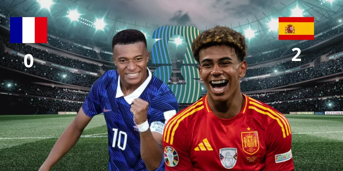 Prancis vs Spanyol: Penyerang Spanyol Lamine Yamal merayakan kemenangan 2-0 atas Prancis, sementara Kylian Mbappe tampak kecewa usai laga semifinal Piala Dunia 2026 yang mengantarkan La Roja. (Foto Ist.)