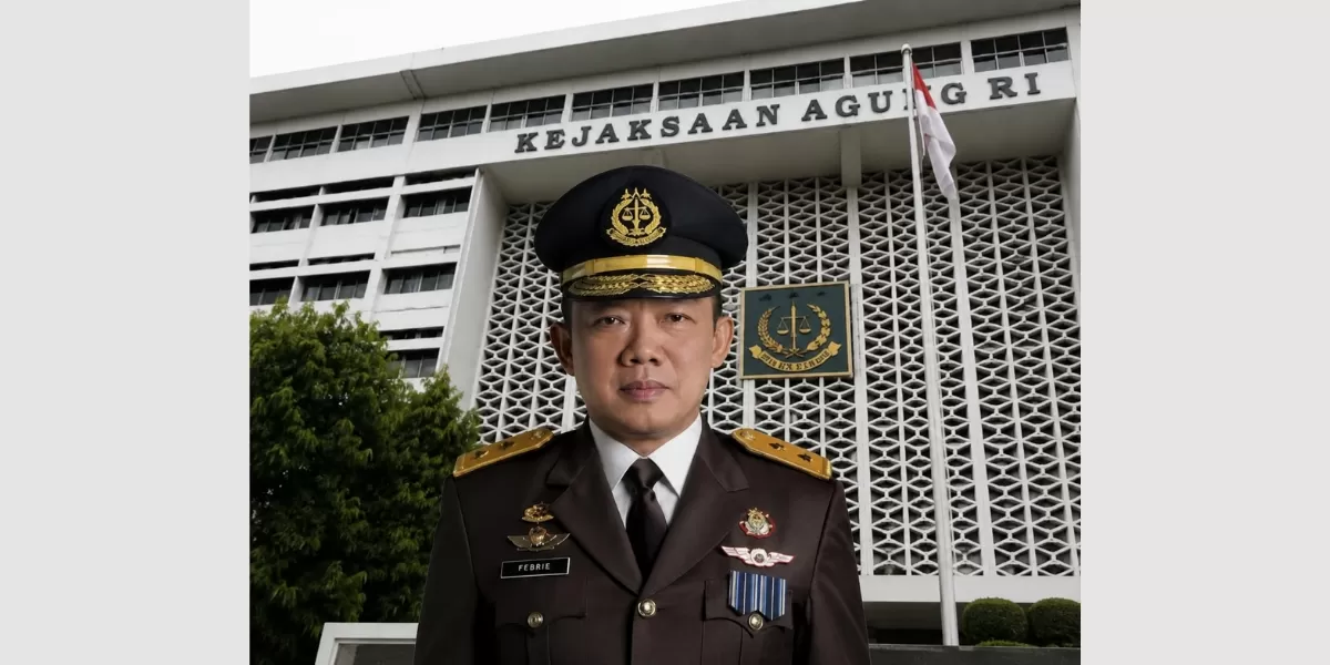 Foto depan Febrie Adriansyah dipadukan dengan latar Gedung Kejaksaan Agung RI sebagai ilustrasi pemberitaan terkait klarifikasi status tersangka dalam penyidikan. (Desgn by Tim/ Foto ist)
