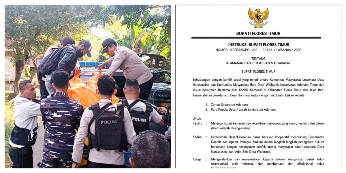 Keterangan Foto: Kiri: aparat gabungan mengevakuasi jenazah korban bentrok di Adonara Timur. Kanan: instruksi Bupati Flores Timur untuk pencegahan konflik dan penegakan hukum. (Foto/ ist)