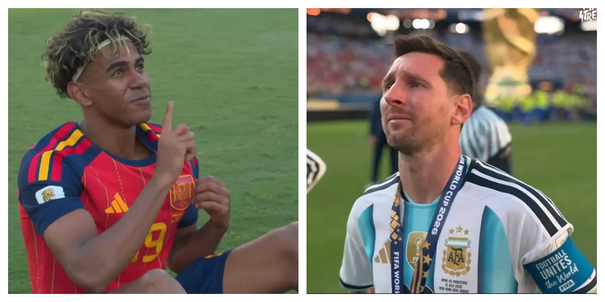 Kiri: Lamine Yamal merayakan keberhasilan Spanyol usai final Piala Dunia 2026. Kanan: Lionel Messi tampak sedih setelah Argentina gagal mempertahankan gelar. (Foto tangkapan layar Maxstream TV)