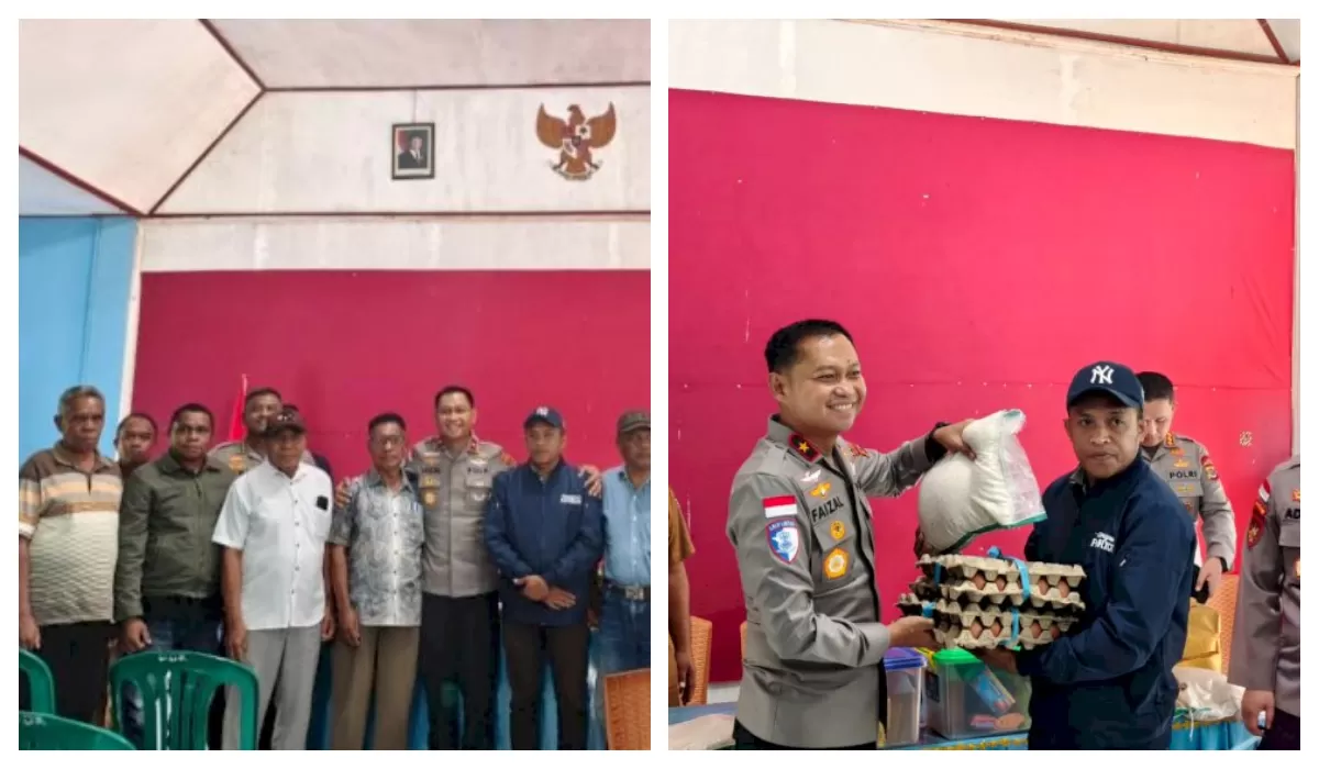 Kiri: Wakapolda NTT Brigjen Pol. Faizal berdialog dengan tokoh masyarakat kedua desa. Kanan: menyerahkan bantuan sosial berupa paket sembako kepada warga terdampak konflik. (Foto TBN Polda NTT)