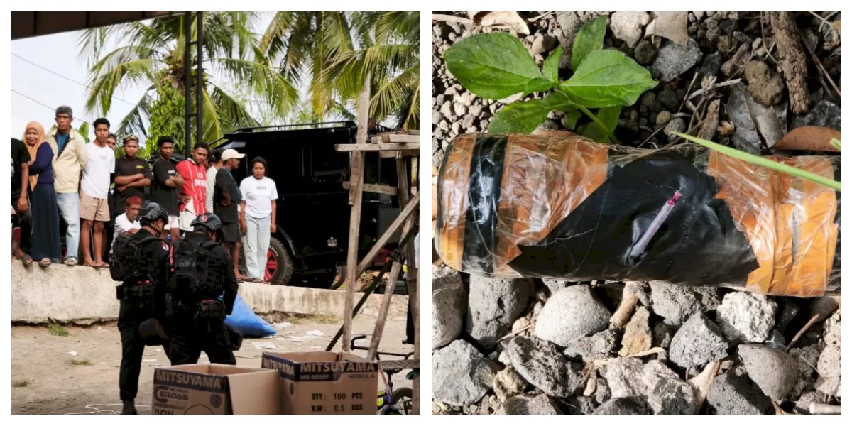Tim Jibom Detasemen Gegana Satbrimob Polda NTT mengamankan bom rakitan aktif yang ditemukan warga di Dusun Bele sebelum dimusnahkan melalui disposal aman. (Foto TBN Polda NTT)