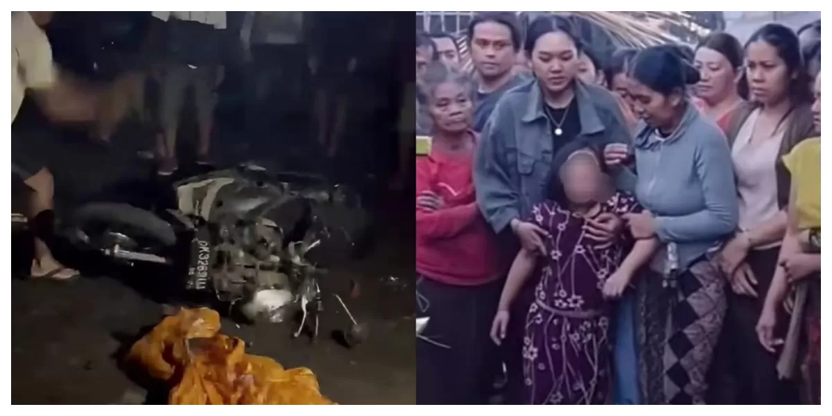 Kondisi sepeda motor korban usai dibakar massa dan suasana duka keluarga saat anak korban menangis menyusul tewasnya KD di Tabanan, Bali. (Foto/ Instagram/putu_sugix_)