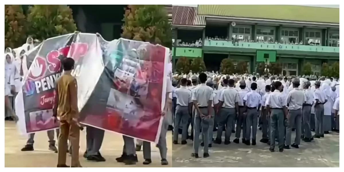 Sejumlah siswa SMAN 1 Solok Selatan menggelar aksi demonstrasi di halaman sekolah dengan membawa spanduk sebagai bentuk protes dugaan pelecehan seksual. (Foto: Instagram/infosolsel)