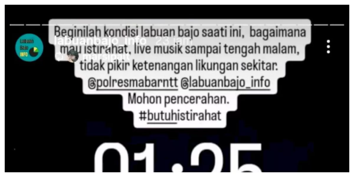 Tangkapan layar aduan warga di Instagram yang mengeluhkan kebisingan musik dari salah satu kafe di Labuan Bajo hingga larut malam. 
