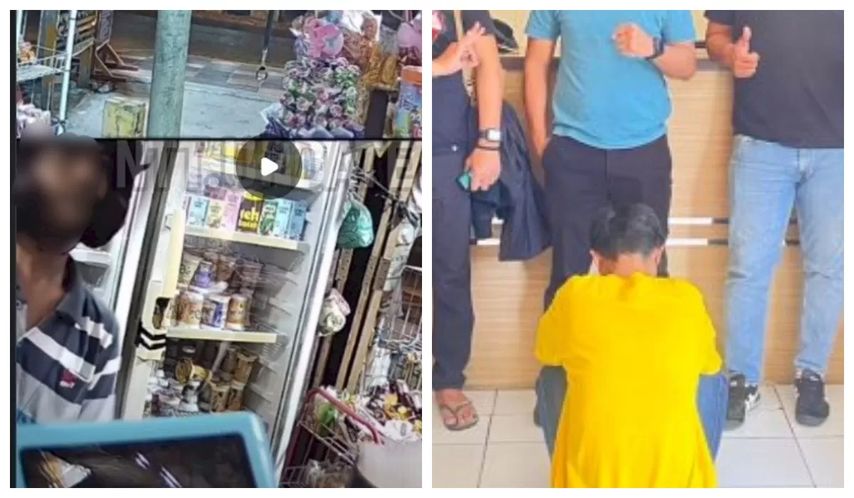 Foto kiri: Rekaman CCTV memperlihatkan terduga pelaku berada di dalam kios, sebelum diduga melakukan tindakan asusila. Foto kanan: Terduga pelaku  diamankan Polisi  untuk menjalani pemeriksaan. (Foto TBN Polresta Kupang Kota)