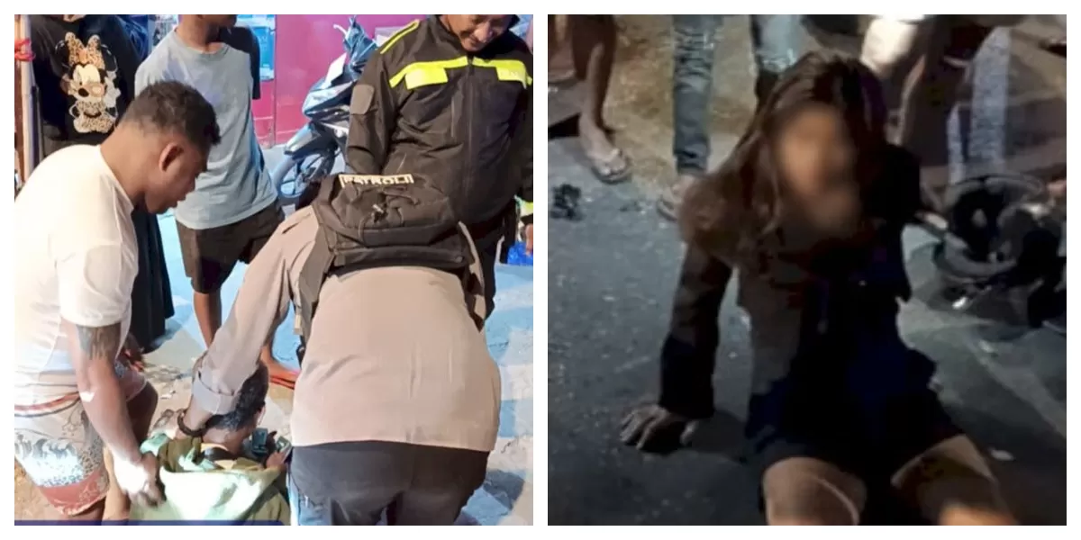 Personel Sat Samapta Polresta Kupang Kota mengevakuasi dua perempuan korban kecelakaan lalu lintas di sekitar Patung Kirab Fatululi menuju RS Siloam Kupang. (Fptp TBN Polda NTT)