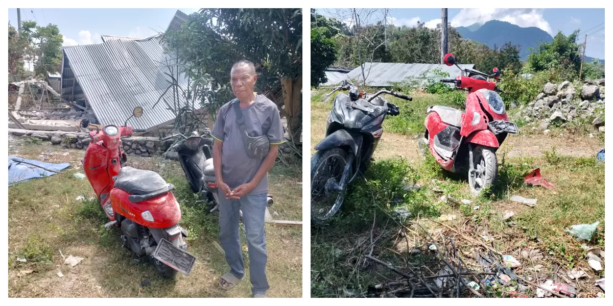 Rumah warga di Desa Nanga Labang, Manggarai Timur, ambruk akibat gempa, sementara dua sepeda motor mengalami kerusakan akibat tertimpa material bangunan dari rumah. (Foto Yos Syukur)
