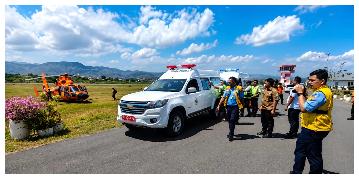 Tim SAR gabungan bersiaga di sekitar ambulans dan helikopter dalam operasi pencarian serta evakuasi korban gempa Flores. (Foto/ tim)