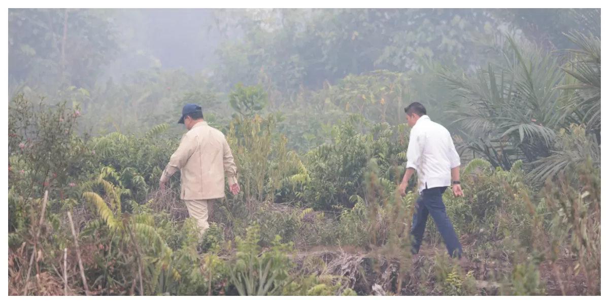 Presiden Prabowo Subianto meninjau lokasi karhutla di Desa Limbung, Kubu Raya, Kalimantan Barat, sambil menyapa dan memberi semangat petugas.