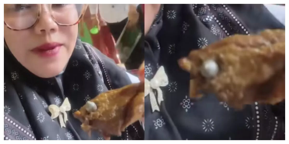 :Guru Ida Yulia Mega memperlihatkan benda diduga peluru yang ditemukan di dalam potongan daging menu MBG di Sindangsari, Lampung Utara. (TikTok/indrasegalogalo)