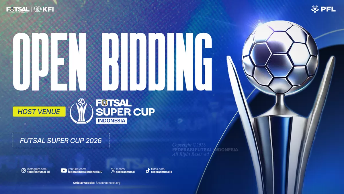 Federasi Futsal Indonesia (FFI) resmi membuka proses bidding untuk menentukan kota dan venue penyelenggara Futsal Super Cup 2026. Pendaftaran dibuka 2 Maret 2026. (FFI)