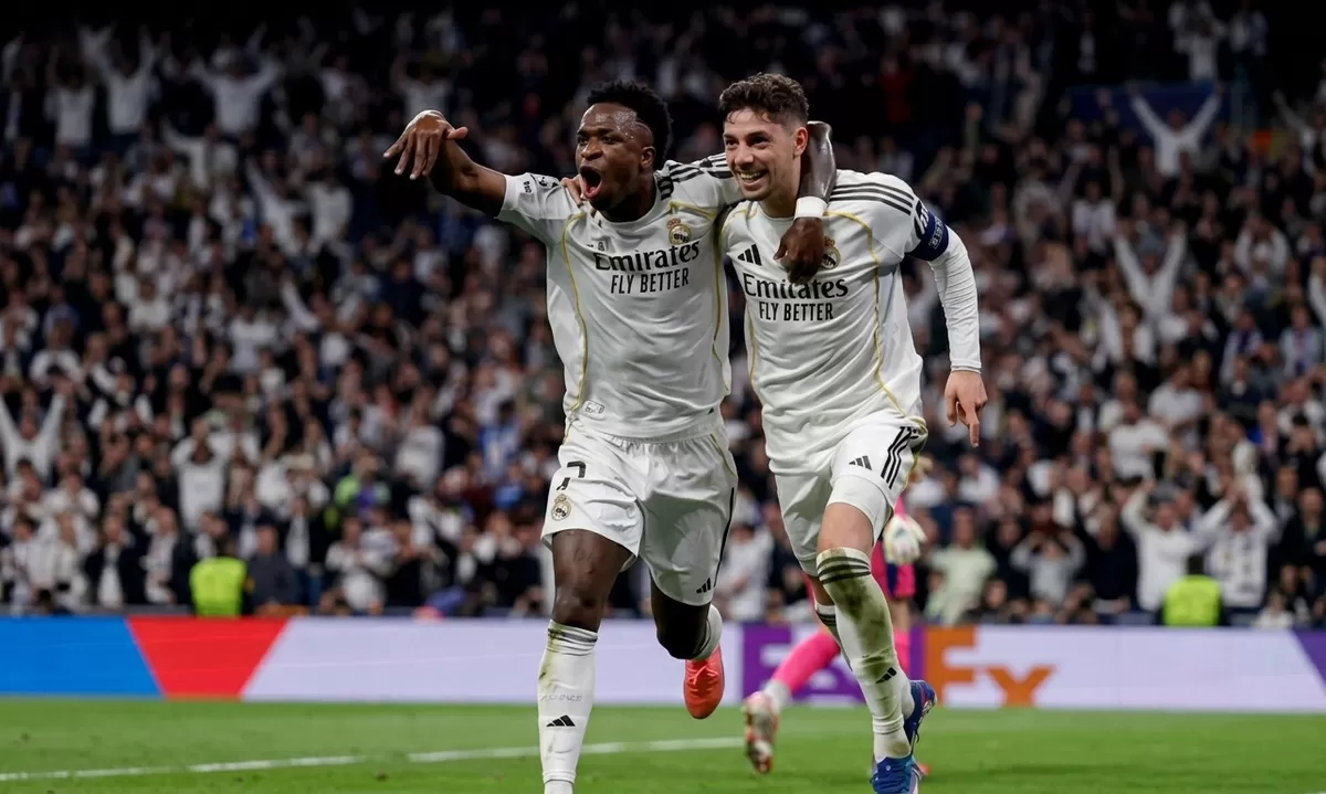 Federico Valverde berselebrasi usai bobol gawang Manchester City. (Real Madrid)