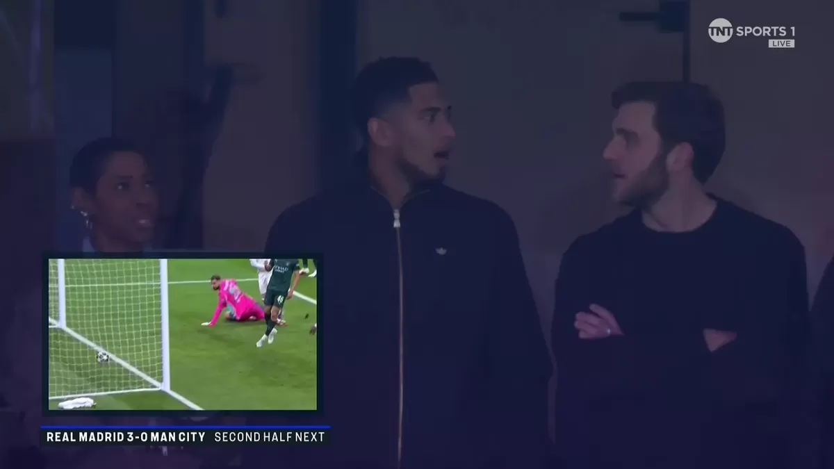 Jude Bellingham takjub dengan Federico&nbsp;Valverde yang memborong tiga gol kemenangan Real Madrid atas Manchester City. (TNT SPORTS)