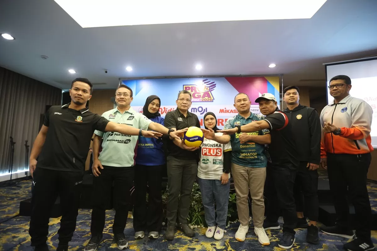 Jumpa pers jelang final four Proliga 2026, putaran pertama, 2-5 April ini di Surabaya. Delapan tim putra dan putri melakukan perombakan tim demi asa juara. (PBVSI)