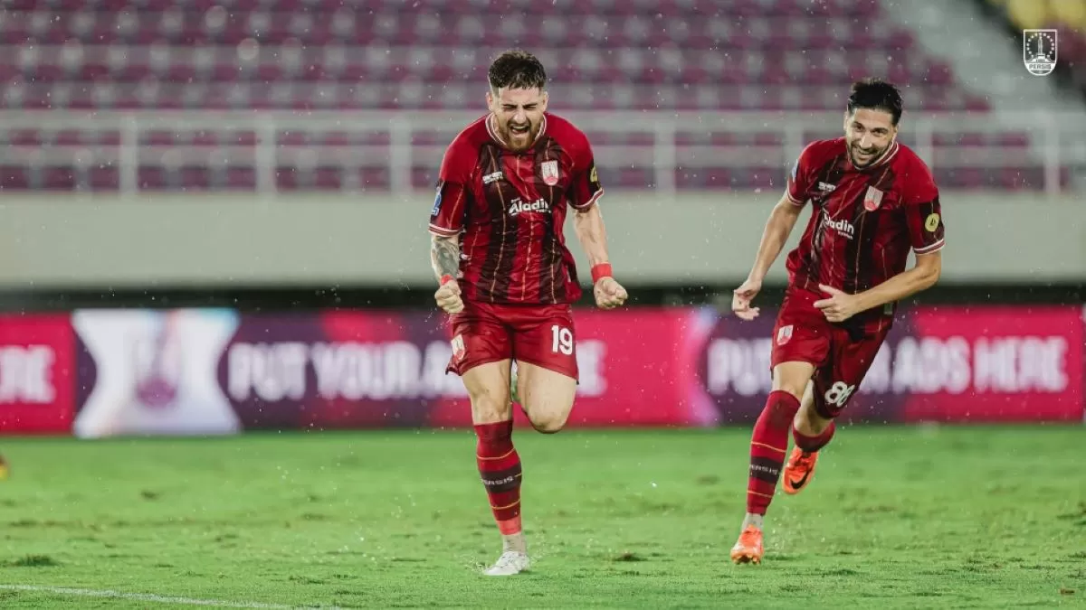 Selebrasi gol pemain Persis Solo Dejan Tumbas usai cetak gol ke gawang Semen Padang FC. (Persis Solo)