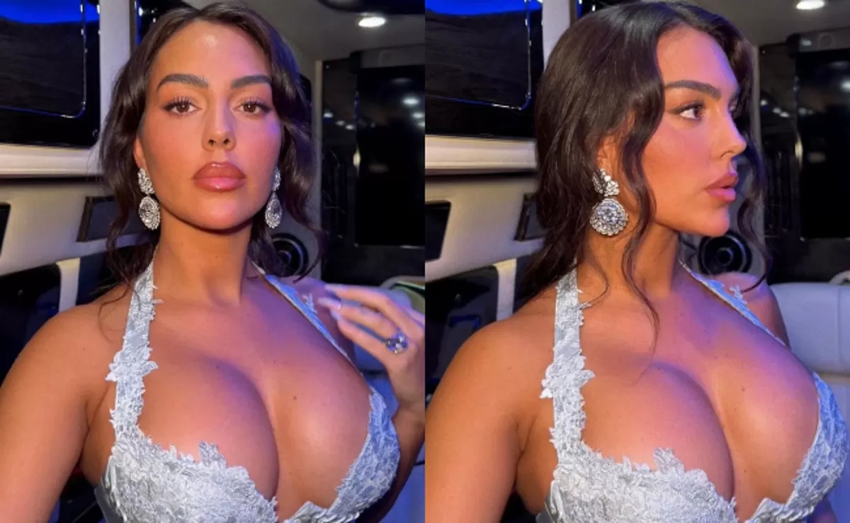 Georgina Rodriguez mempertahankan ekspresi yang tenang dan elegan, dihiasi dengan anting-anting besar dan serangkaian perhiasan berkilauan.