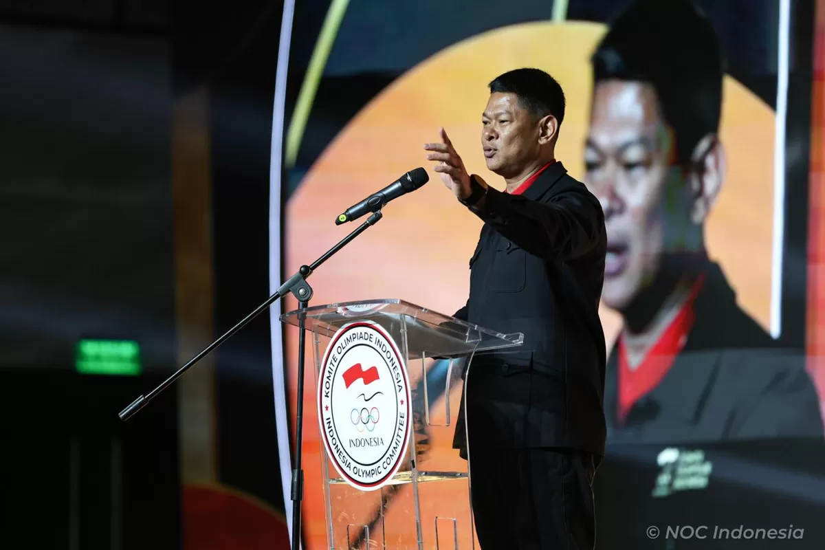 Ketua Umum Komite Olimpiade Indonesia, Raja Sapta Oktohari saat membuka Rapat Anggota Tahunan di Senayan, Jakarta, 9 Mei 2026. (NOC Indonesia)