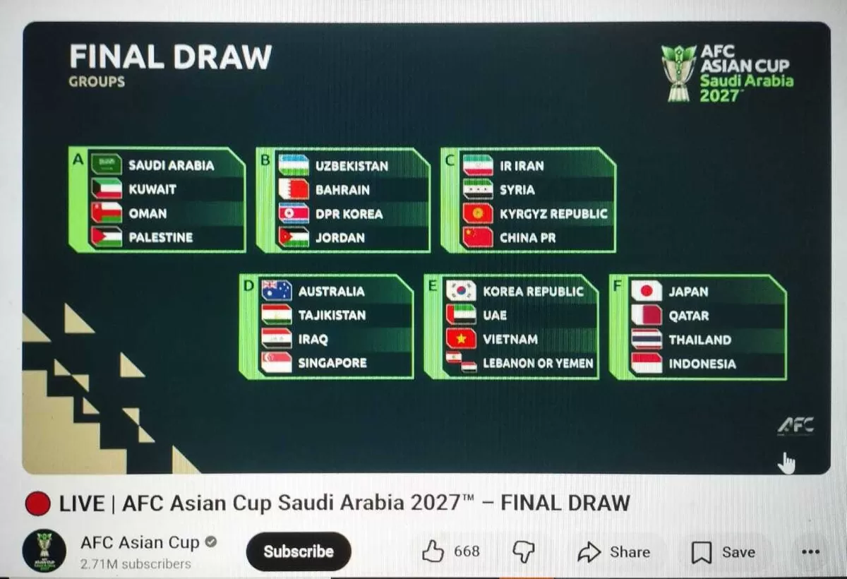Hasil undian Piala Asia 2027 yang disiarkan secara langsung akun AFC Asian Cup, Minggu, 10 Mei tengah malam. (ISTIMEWA)