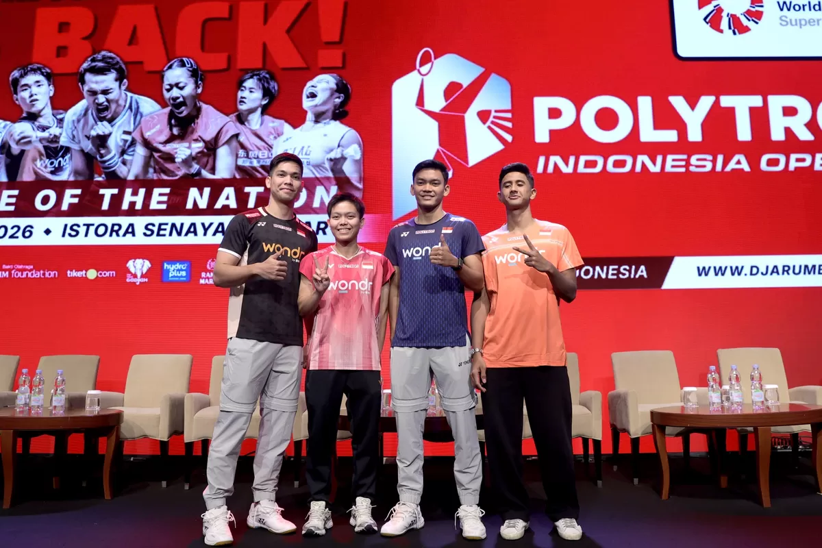Para pemain Indonesia yang akan berlaga di Final Four Indonesia Open 2026 berfoto bersama dalam jumpa pers di Jakarta, 1 Juni 2026. (PBSI)