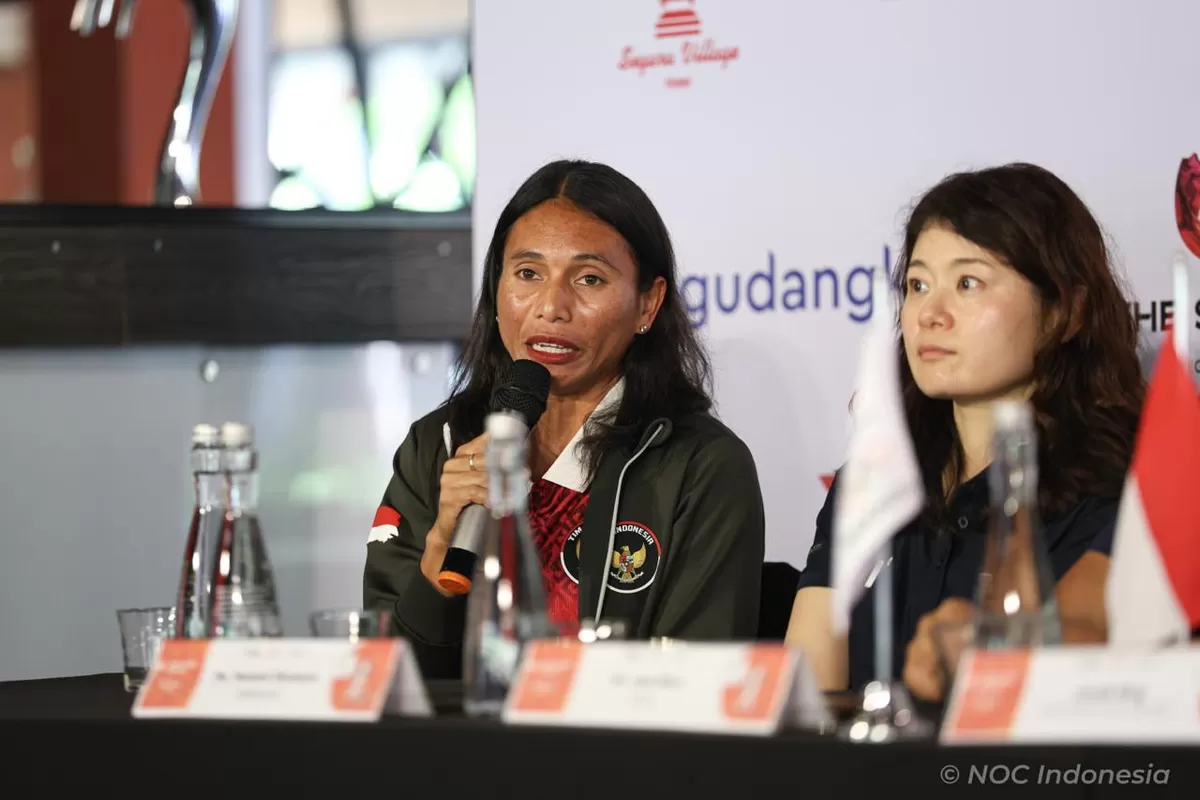 Olympian lompat jauh Indonesia, Maria N Londa saat jumpa pers Asian Games Fun Run 2026 di Bali, Sabtu, 13 Juni. Kegiatan ini bagian dari kampanye penyelenggaraan Asian Games 2026 di Nagoya, Jepang.