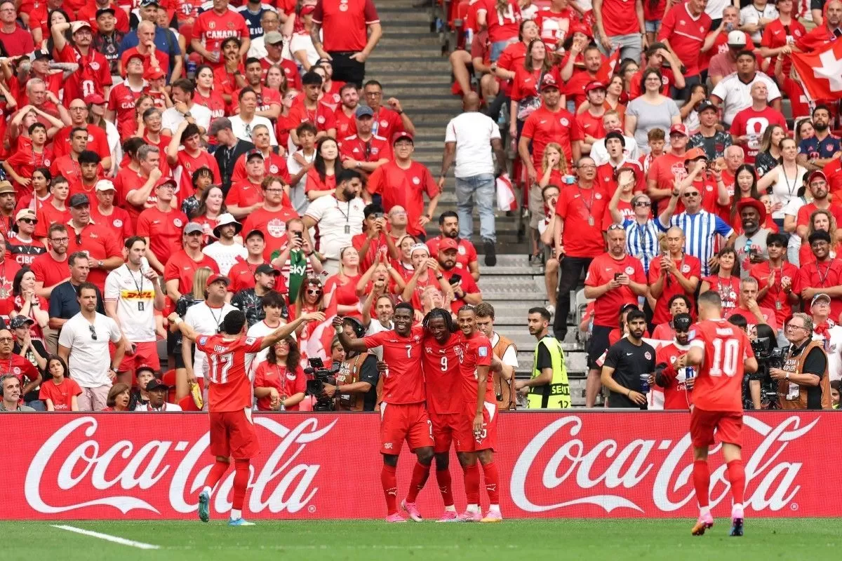 Selebrasi pemain Swiss usai bobol gawang Kanada di Piala Dunia 2026. (AFP)