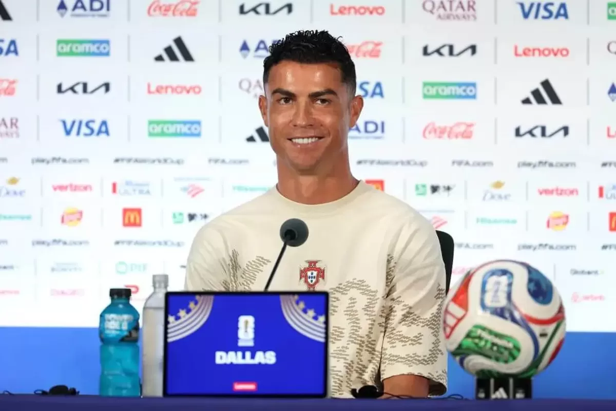 Cristiano Ronaldo saat jumpa pers jelang Portugal vs Spanyol di babak 16 besar Piala Dunia 2026.