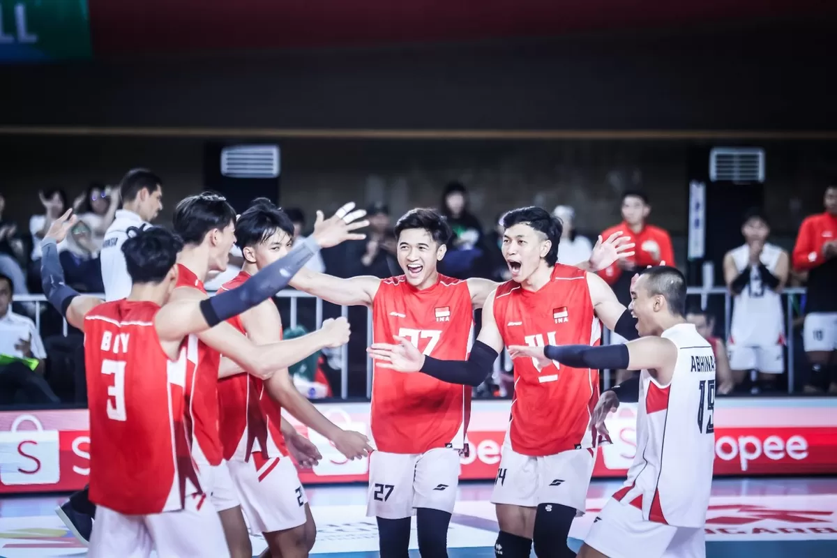 Timnas Voli Indonesia saat tampil di Leg 2 SEA V League 2026, di Velodrome, Jakarta, Sabtu, 26 Juli. Langkah Indonesia terhenti di semifinal, usai kandas di tangan Vietnam.